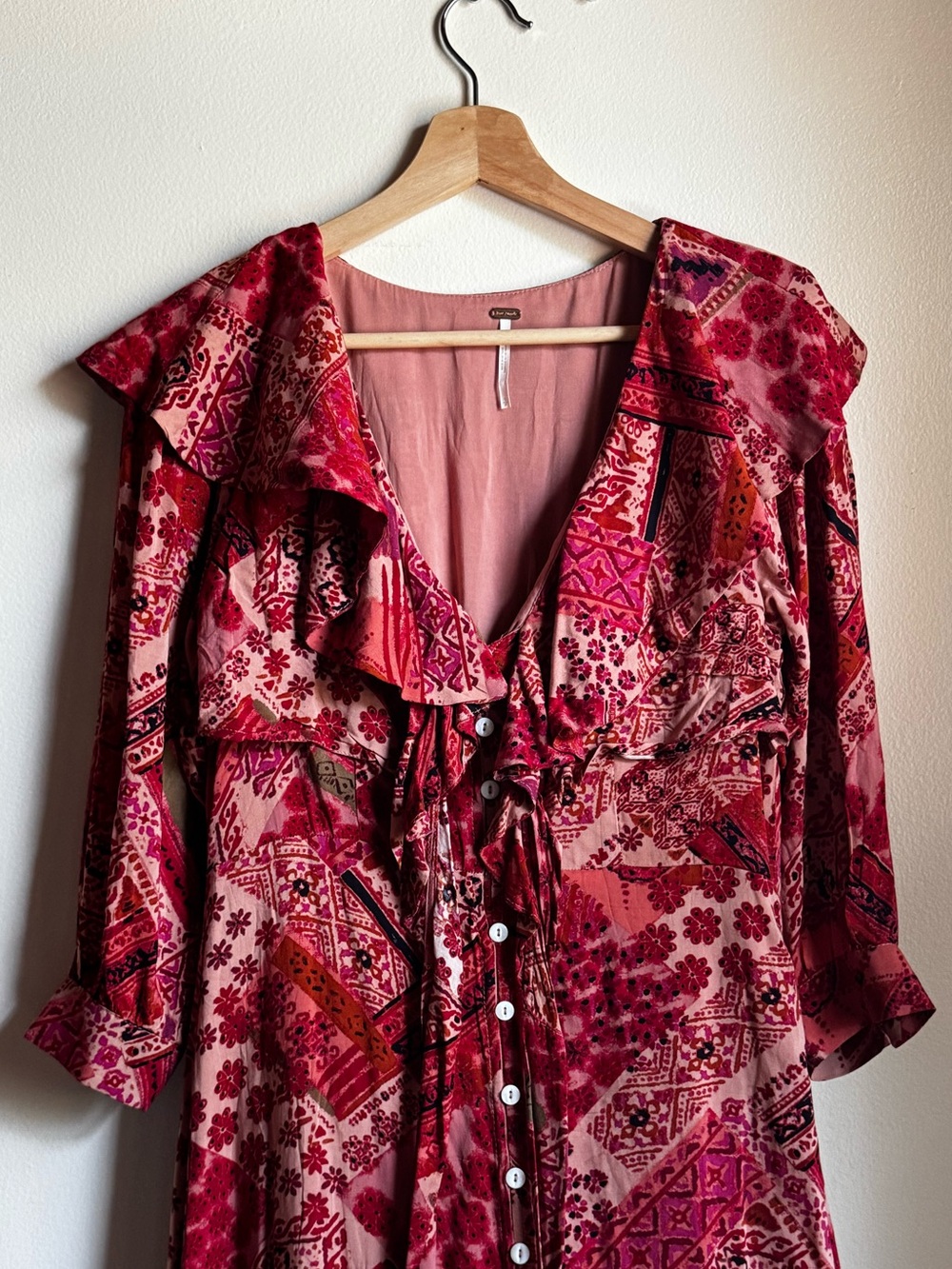 Free People Pink & Red Patterned Maxi Dress with Ruffle V-Neck